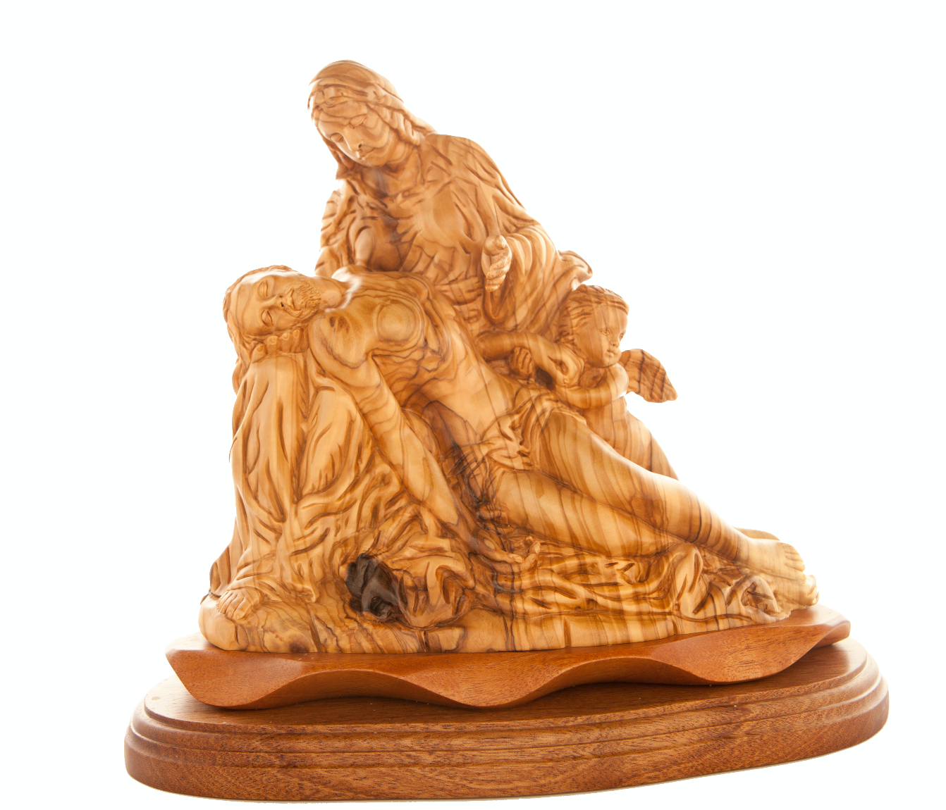 Pieta with an Angel, Olive Wood Carving Statue from Bethlehem 10.6"