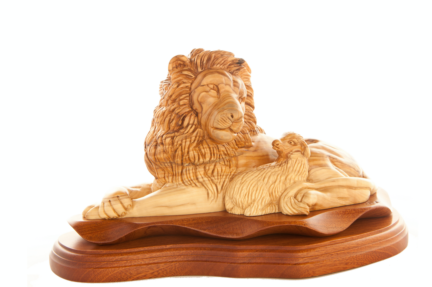 Lion with Lamb Carved Sculpture, 11.6" Olive Wood from Holy Land