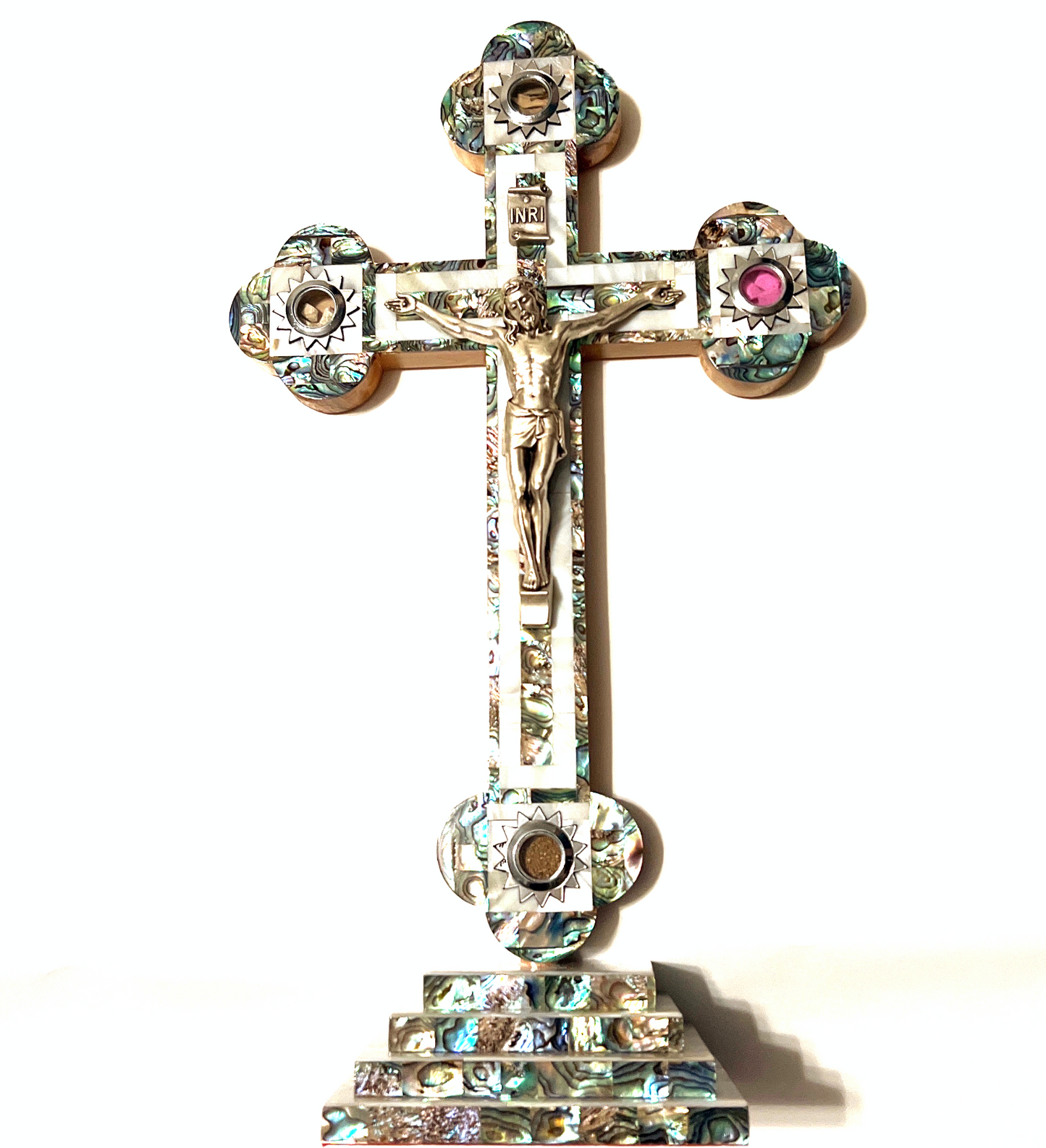 Standing Crucifix, 15.5" with 2.5" Base, Budded, Holy Land Olive Wood and Mother of Pearl with 5 souvenirs