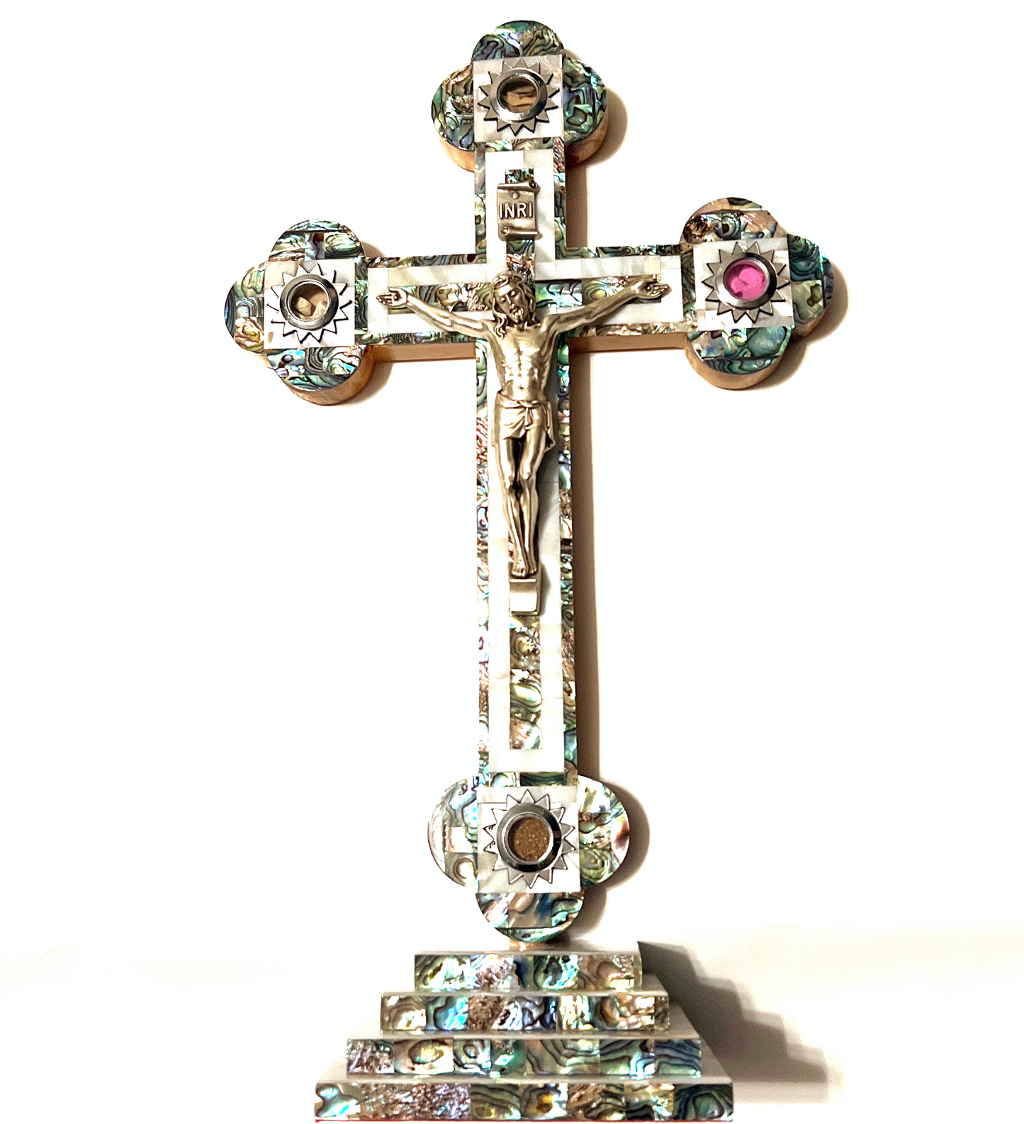 15.5" Crucifix Standing with 2.5" Base, Mother of Pearl and Olive Wood, 4 Souvenirs from Holy Land