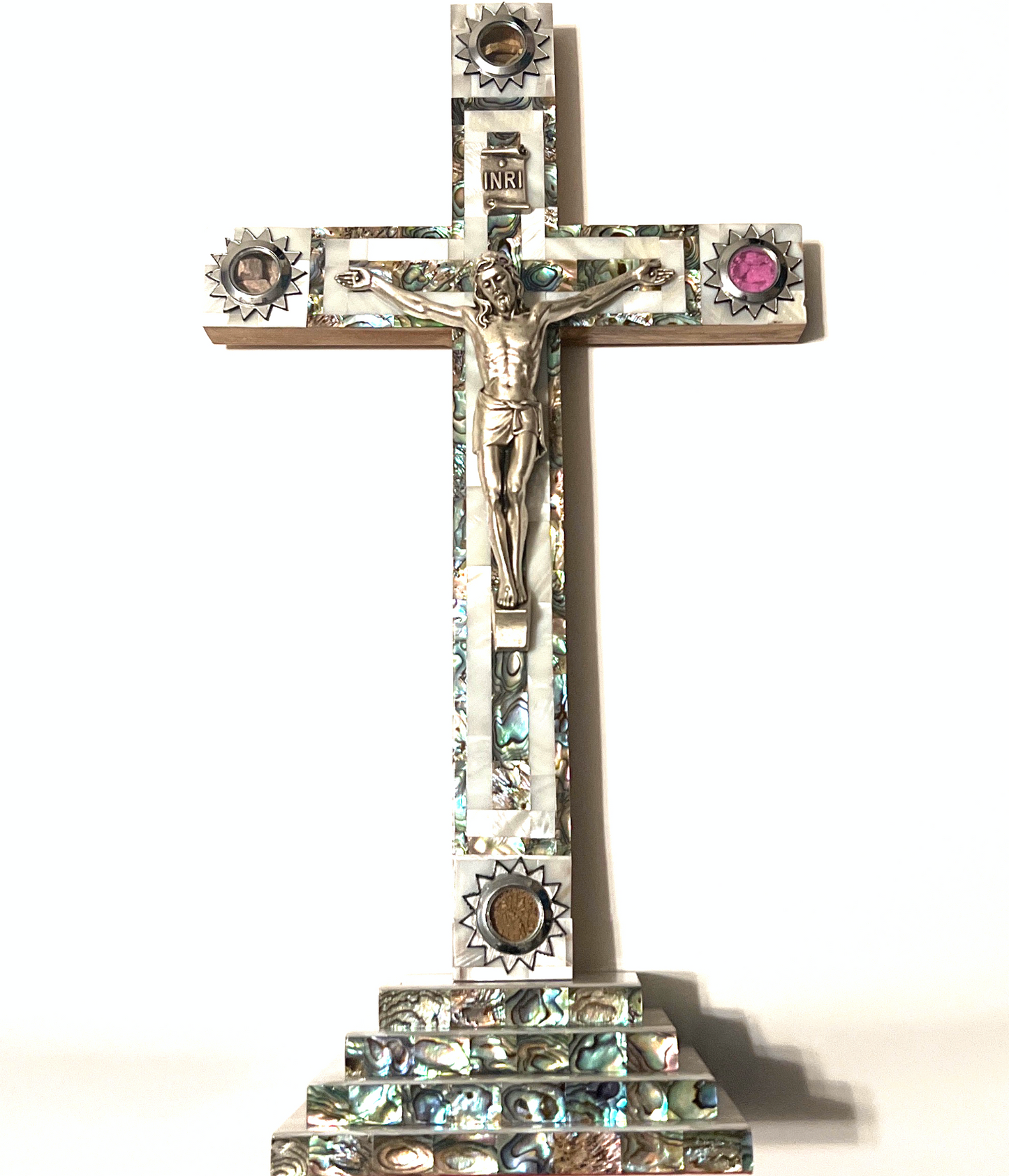 14" Crucifix Standing with 2.5" Base, Mother of Pearl and Olive Wood, 4 Souvenirs from Holy Land