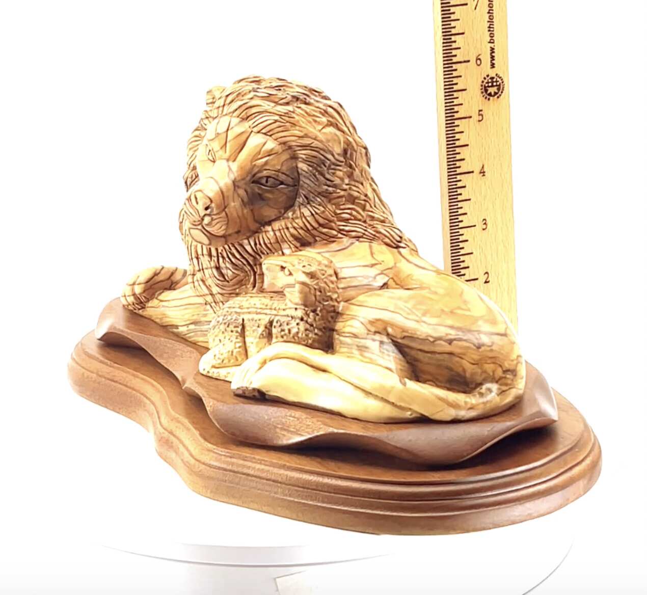 Lion with Lamb Carved Sculpture, 11.6" Olive Wood from Holy Land