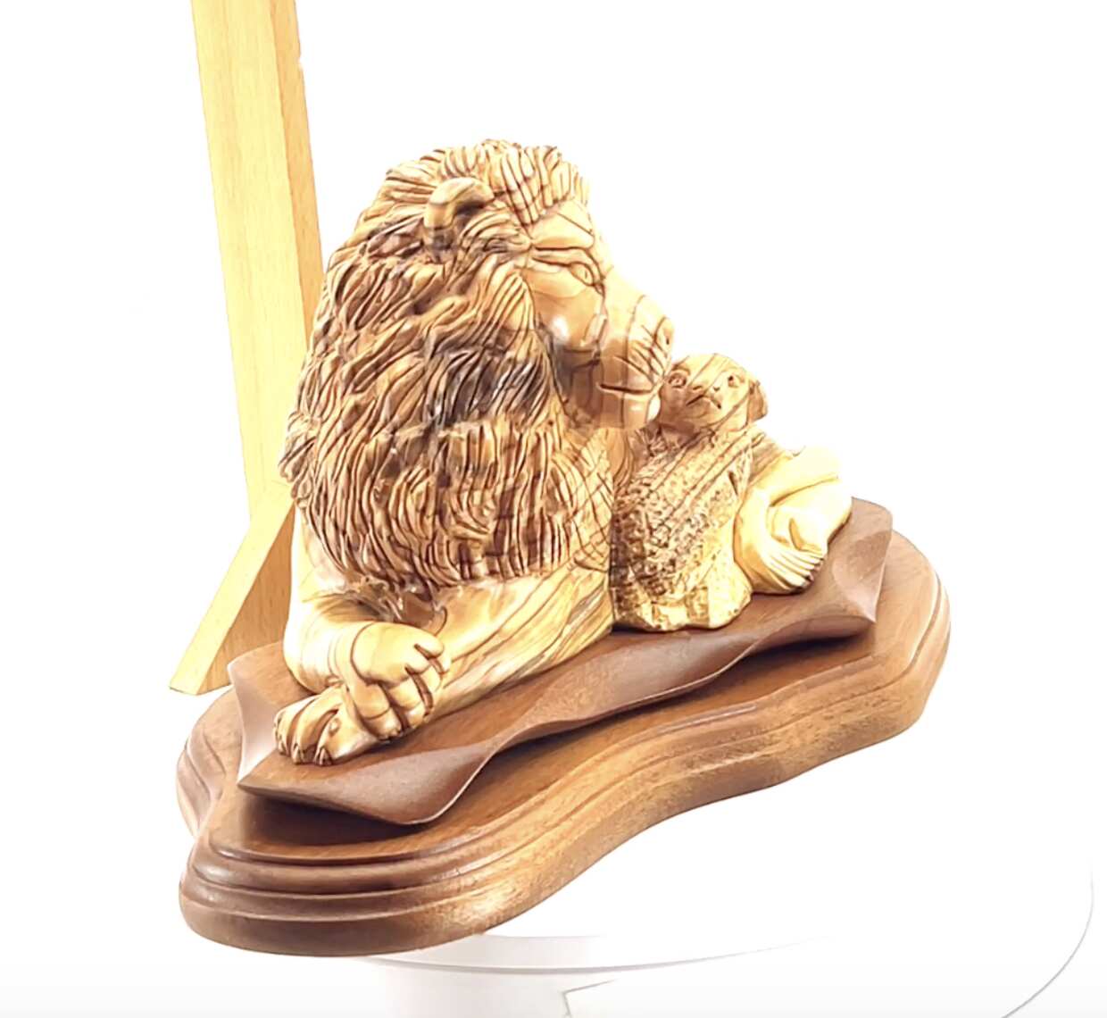 Lion with Lamb Carved Sculpture, 11.6" Olive Wood from Holy Land