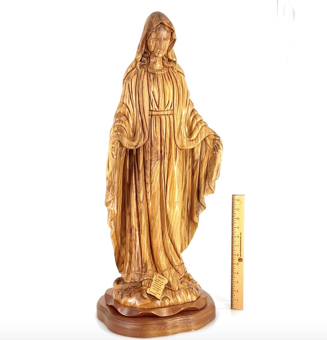 Our Lady of the Grace, Virgin Mary Masterpiece, 31.5" Olive Wood Carved Sculpture from the Holy Land