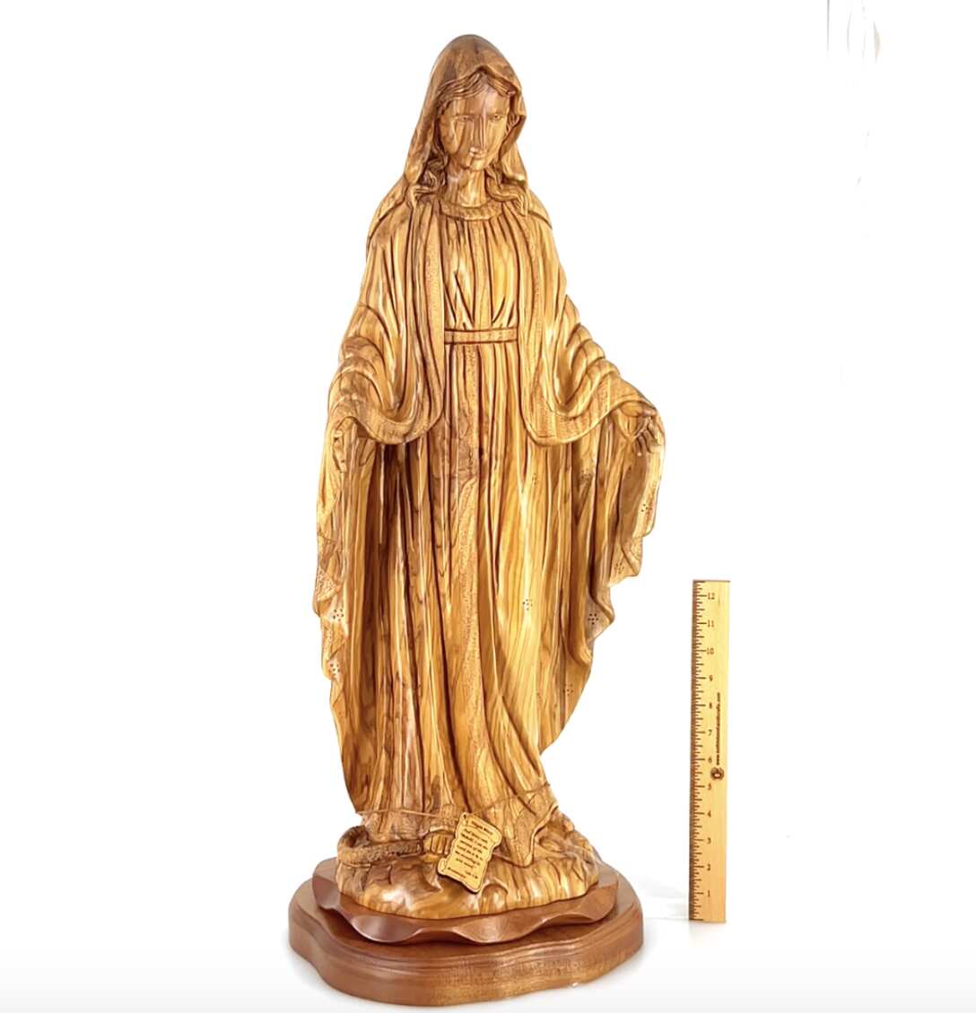 "Our Lady of the Grace"Virgin Mary Masterpiece, 31.5" Olive Wood Carved Sculpture from the Holy Land