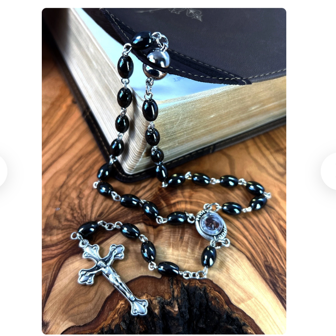 Car Rear View Mirror Rosary with Holy Land Soil, Black Beads