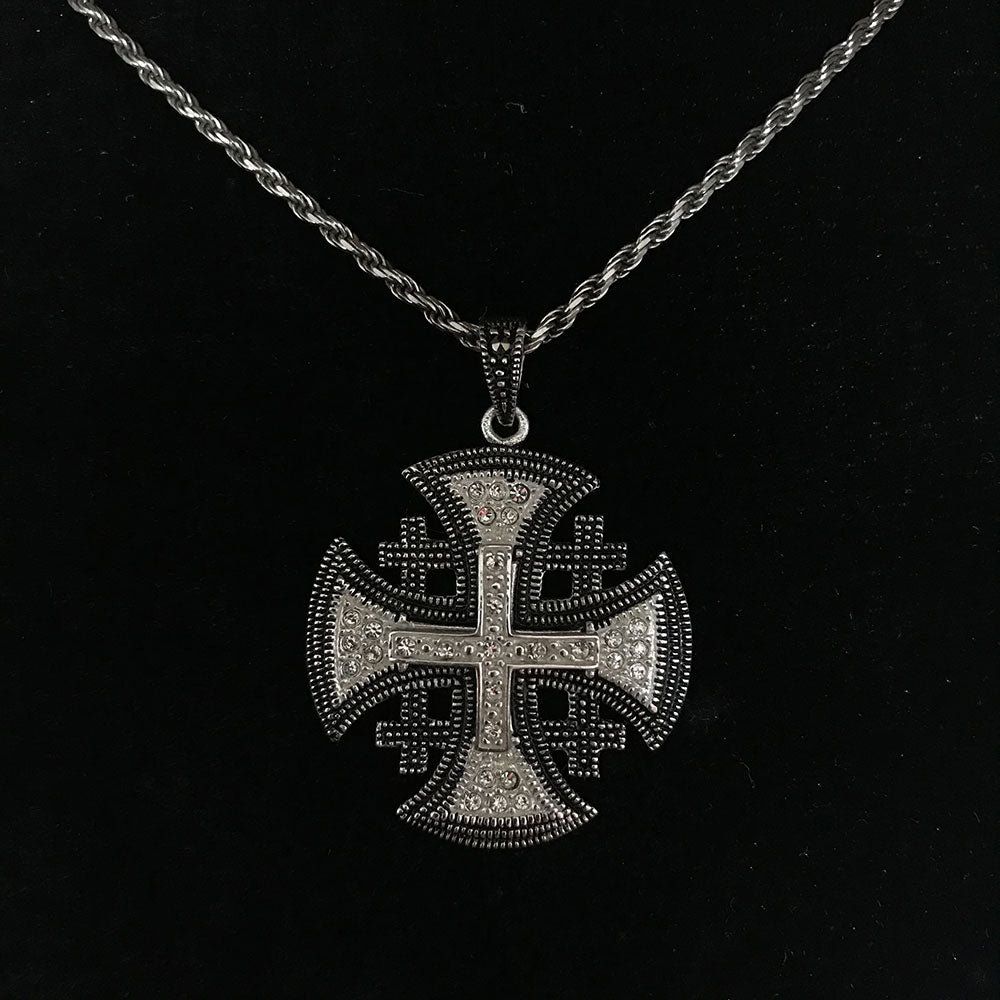 Jerusalem Cross Necklace with Gemstones Multi Layers (L). Sterling Silver Alisee Pattee