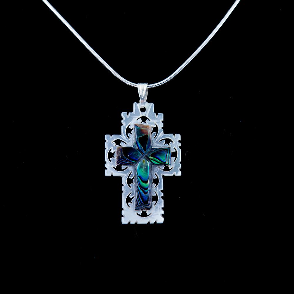Necklace with Colorful Mother of Pearl Cross Pendant, Sterling Silver