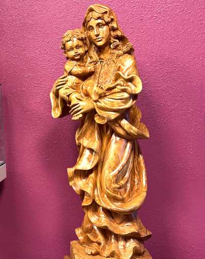 Virgin Mary Holding Jesus Christ Masterpiece Carving Statue from Holy Land Olive Wood, Extra Large