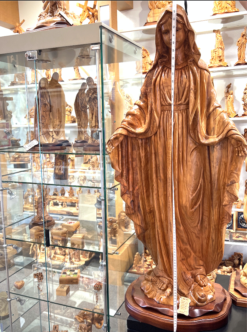 Large Virgin Mary, Our Lady of Grace Masterpiece Art Carved Olive Wood Sculpture from Holy Land 