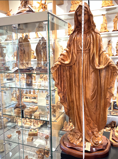 Large Virgin Mary, Our Lady of Grace Masterpiece Art Carved Olive Wood Sculpture from Holy Land 