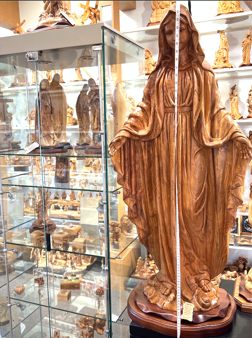 Large Virgin Mary, Our Lady of Grace Masterpiece Art Carved Olive Wood Sculpture from Holy Land