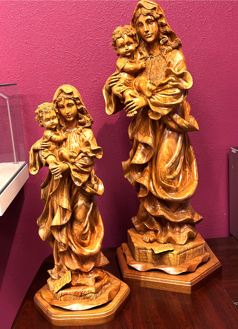 Large Virgin Mary Holding Jesus Christ Masterpiece Carving Statue from Holy Land Olive Wood Expensive