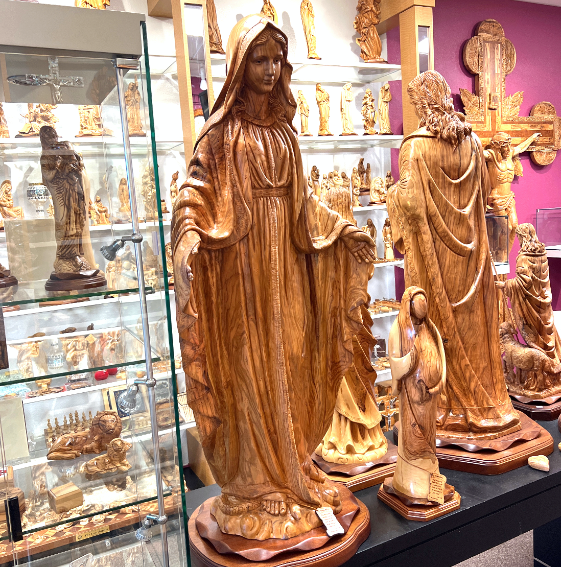 Our Lady of Grace Virgin Mary Statue Caving Olive Wood From Holy Land Large