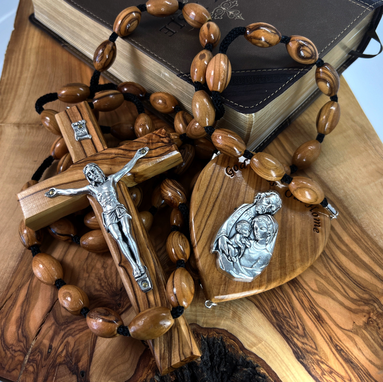 Large Wall Rosary Beads Olive Wood God Bless Our Home