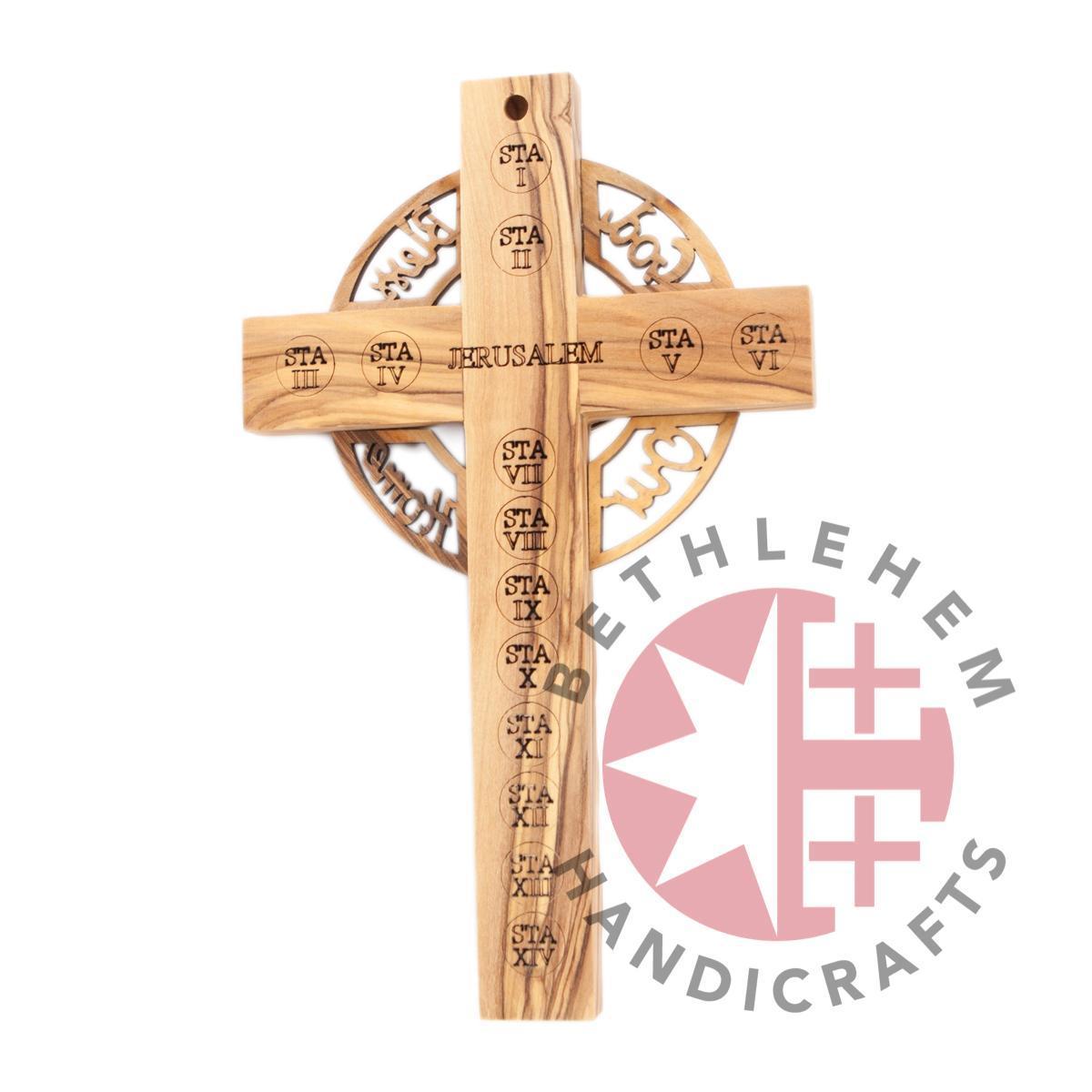 Olive Wood Wall Crucifix God Bless Our Home with 14 Stations of the Cross Engraved on Back