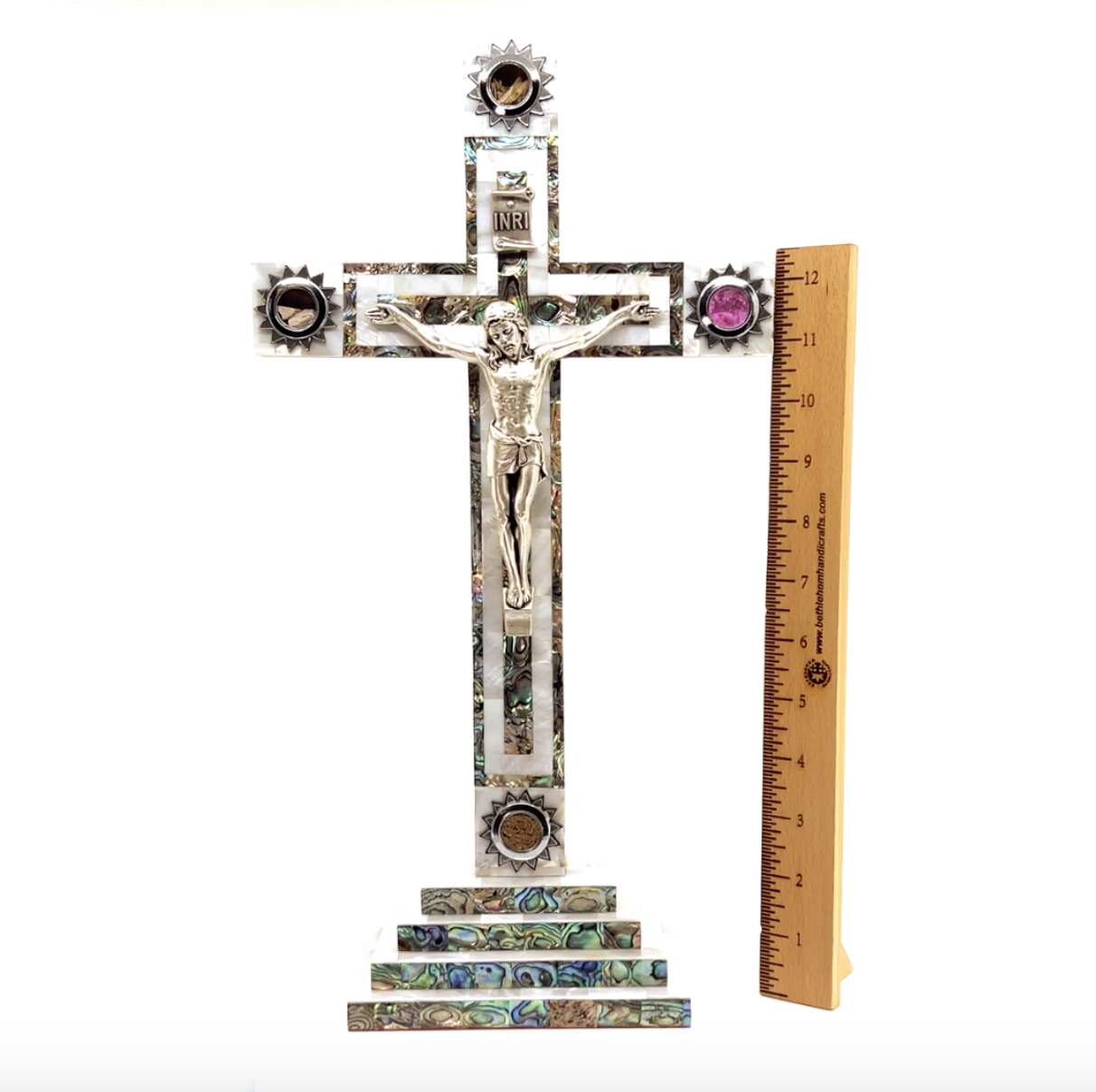 14" Crucifix Standing with 2.5" Base, Mother of Pearl and Olive Wood, 4 Souvenirs from Holy Land