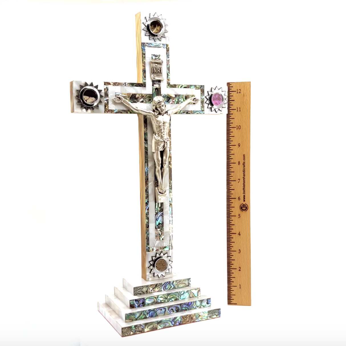 14" Crucifix Standing with 2.5" Base, Mother of Pearl and Olive Wood, 4 Souvenirs from Holy Land