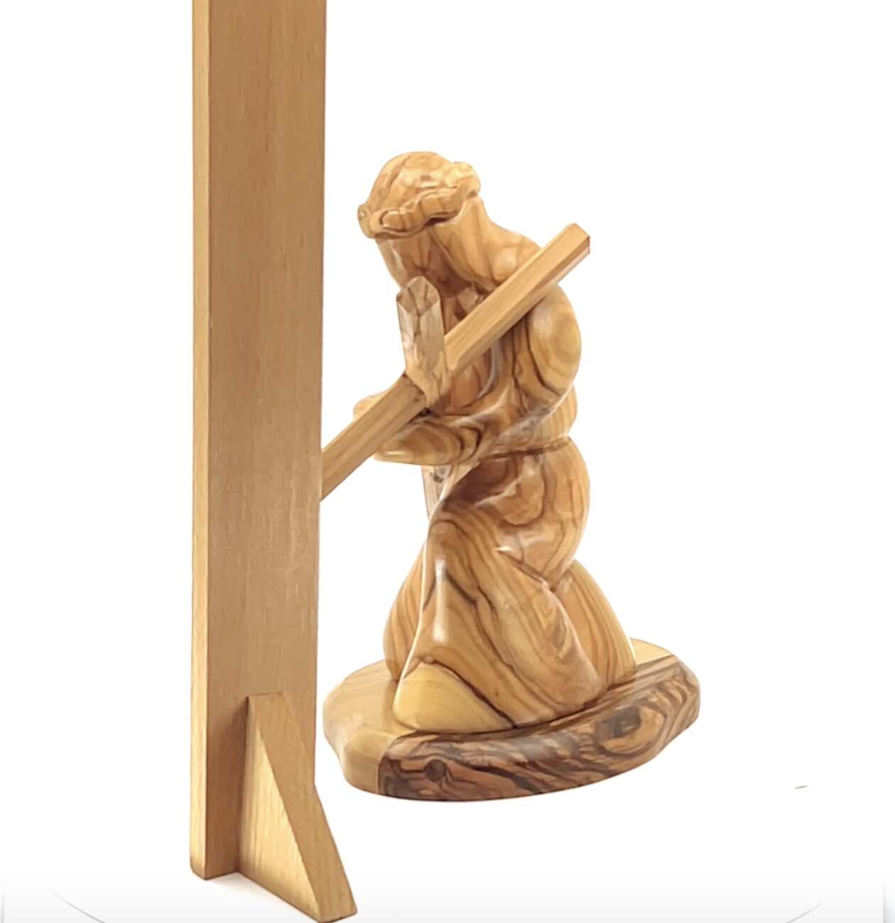 Jesus Christ Kneeling While Holding the Cross, 7.1" Wooden Abstract Carving