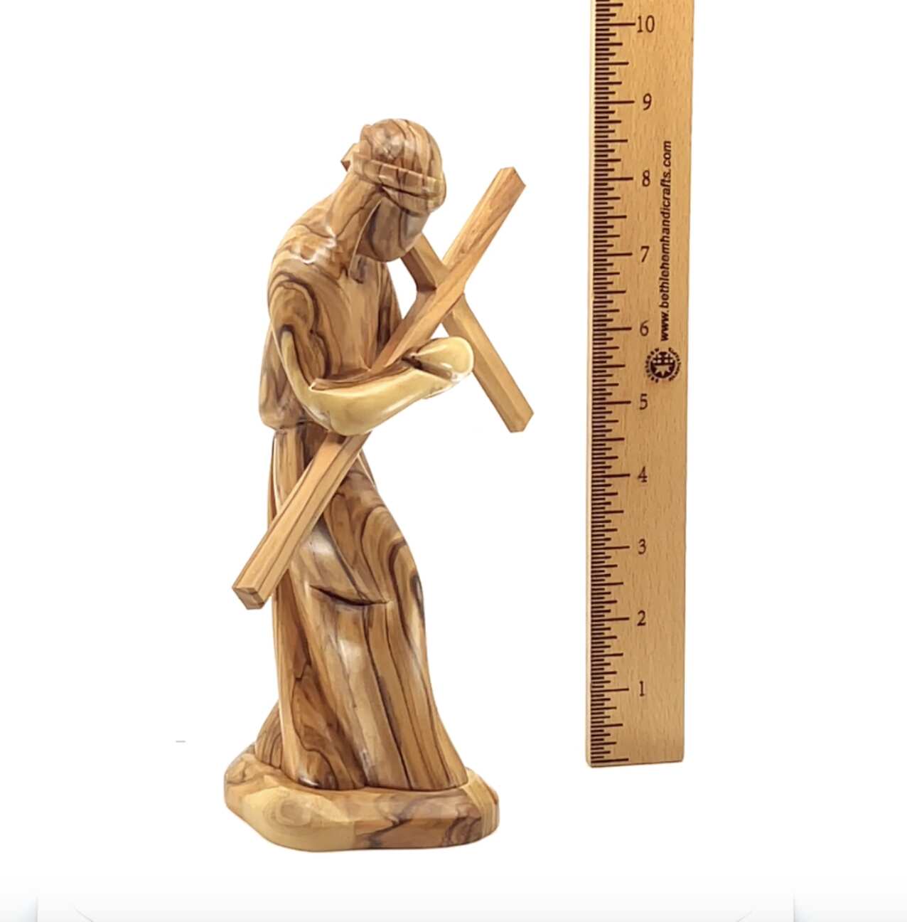 Jesus Christ "Holding Cross", 9.1" Carving in Olive Wood from Holy Land