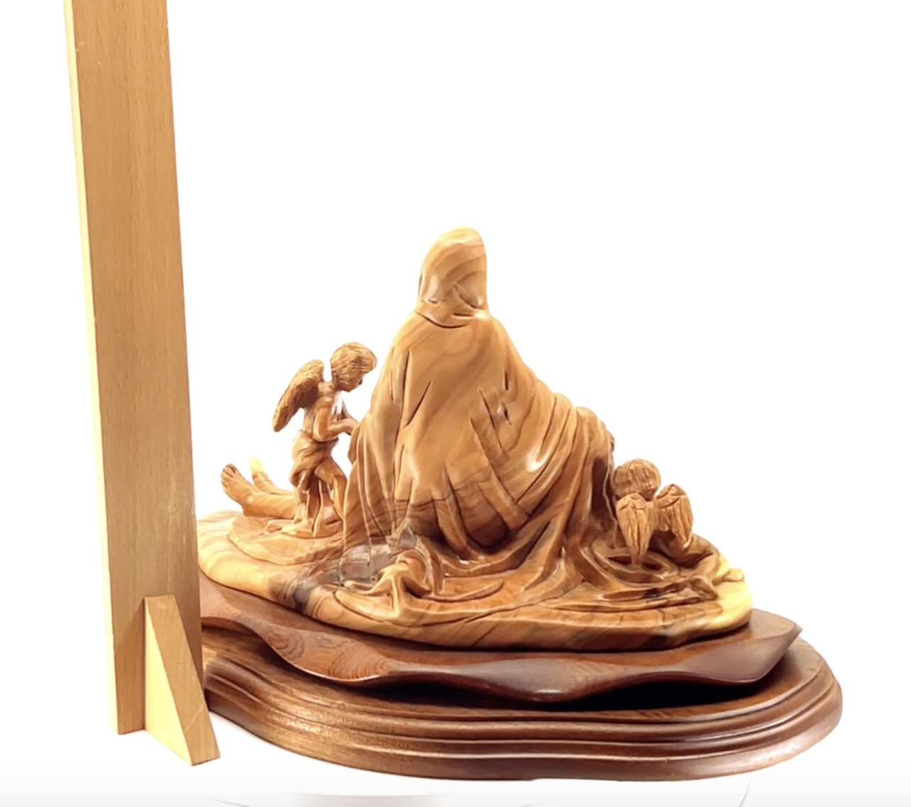 Pieta with 2 Angels, 12.2" Long Olive Wood Carving from Bethlehem, Virgin Mary with Jesus Christ