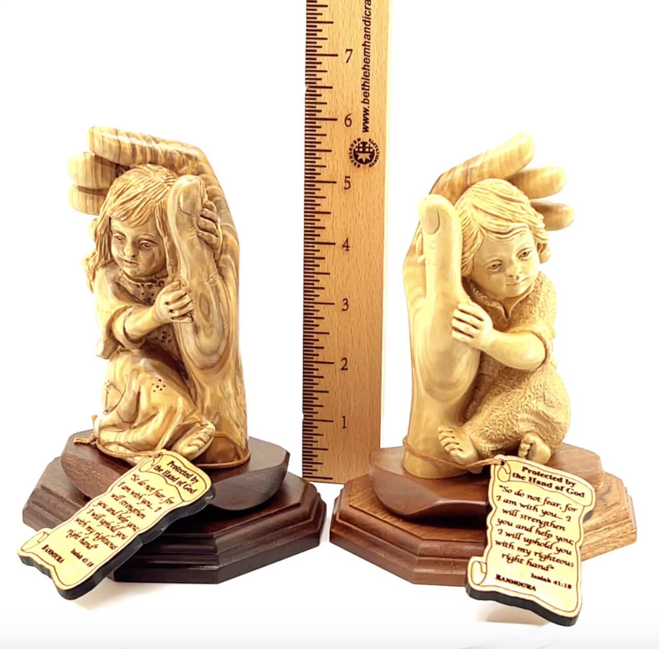 Pair of 2, "Protected by the Hand of God" with Baby Girl and Boy Carvings, 6.5" Olive Wood