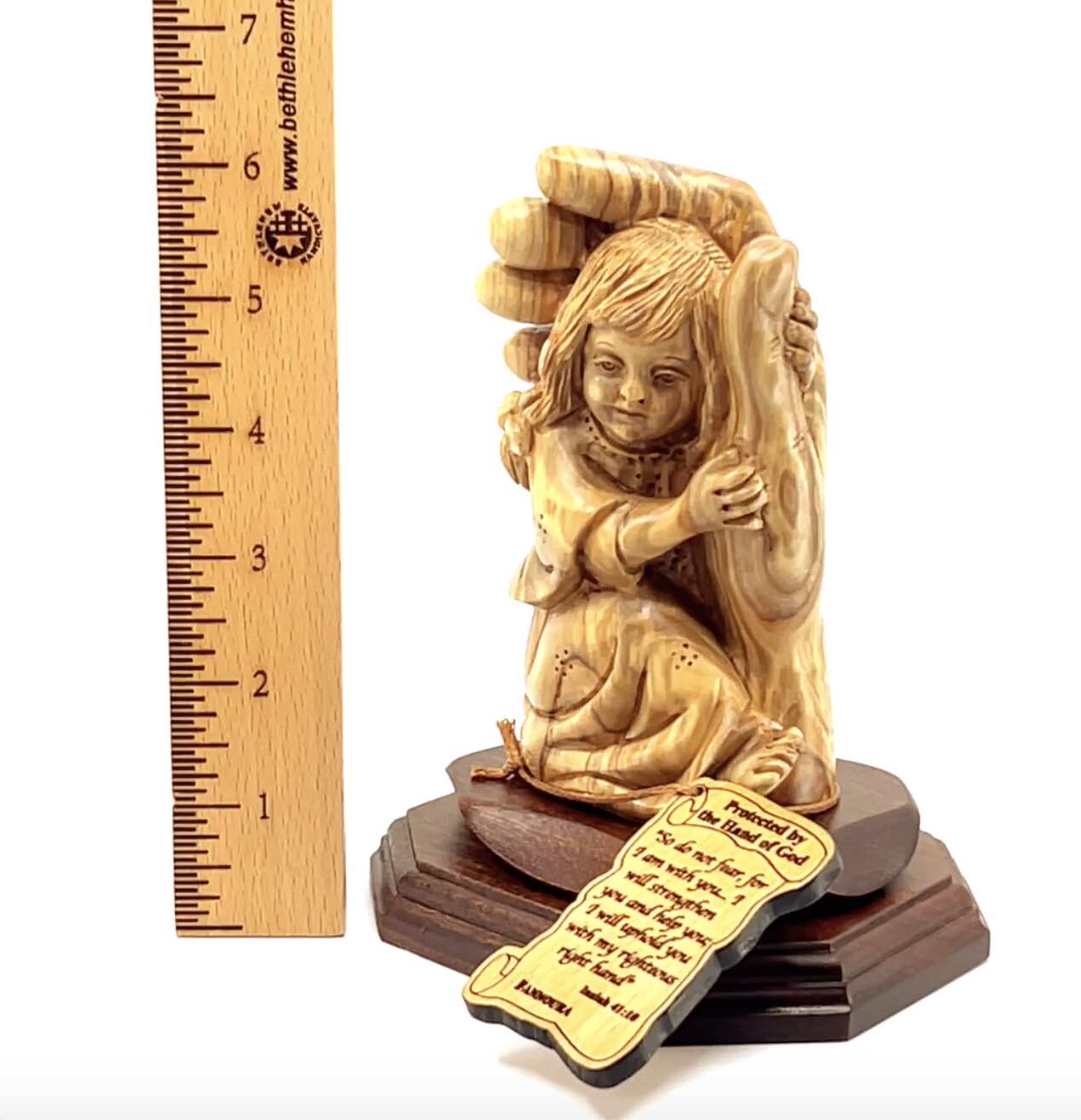 "Protected by the Hand of God" with Baby Girl, 6.5" Olive Wood Carving