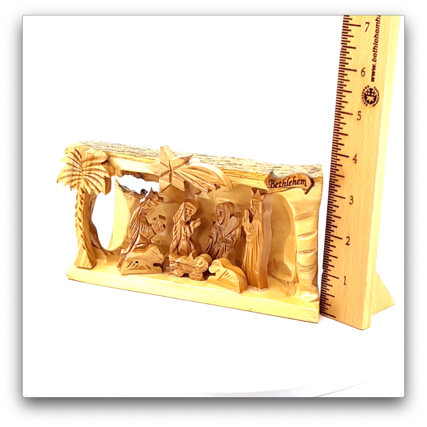 Rustic Nativity Scene with Natural Bark, 7" Olive Wood from Bethlehem