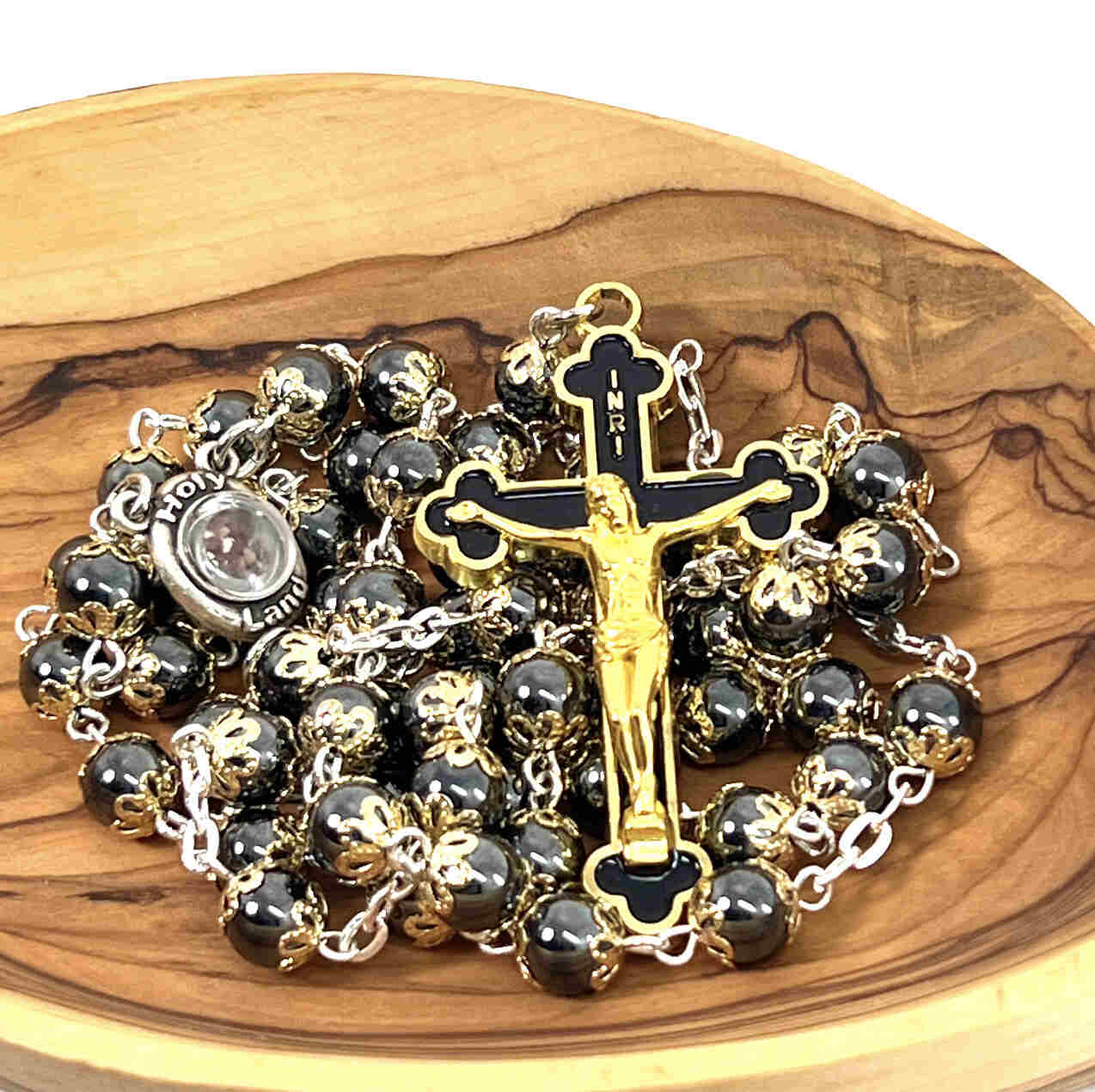 Catholic Rosary with Black Heavy Stones, Holy Land Soil as Centerpiece –  Bethlehem Handicrafts