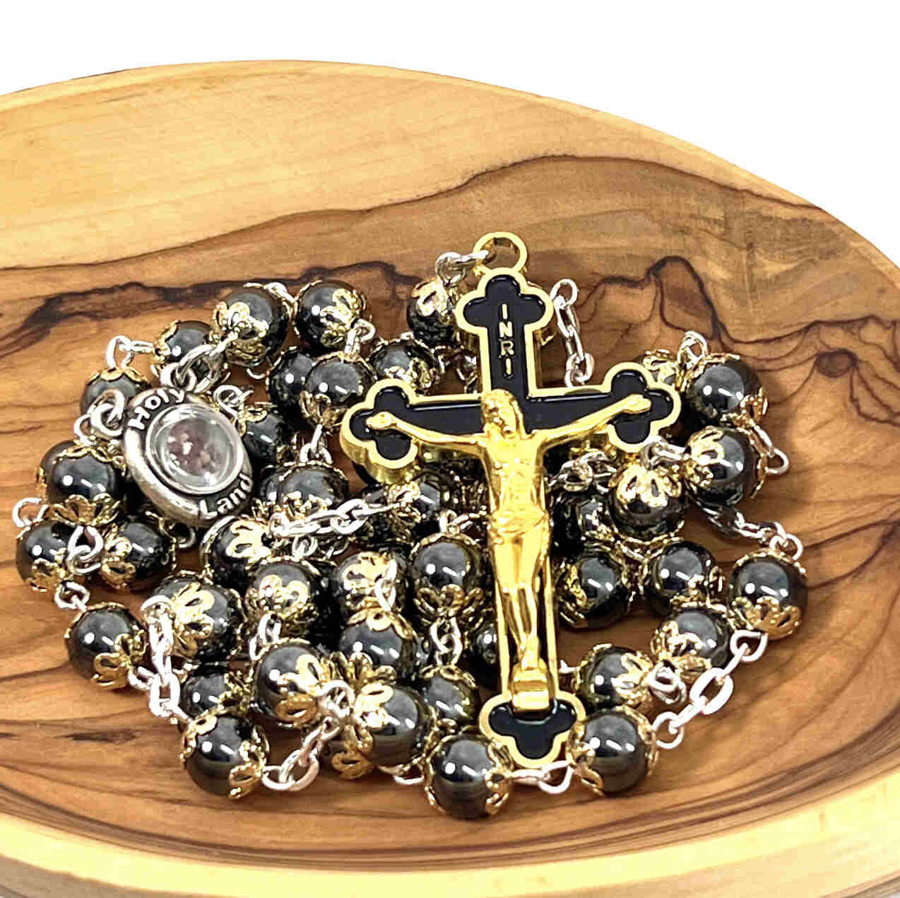 Catholic Rosary with Black Heavy Stones, Holy Land Soil as