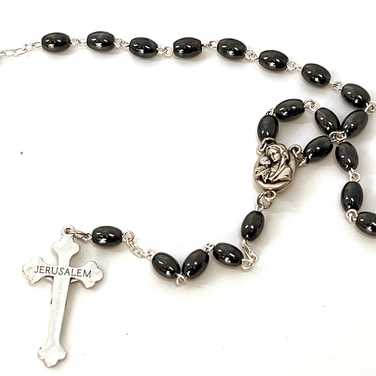 Rosary with Black Oval Stone Beads, Made in Bethlehem