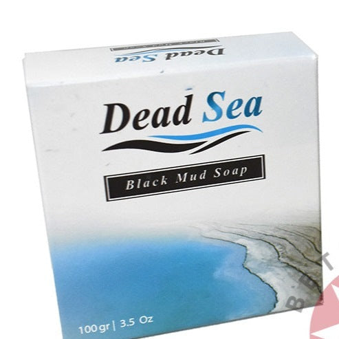 A packaged bar of Dead Sea Black Mud Soap with a visual image of the Dead Sea on the box.