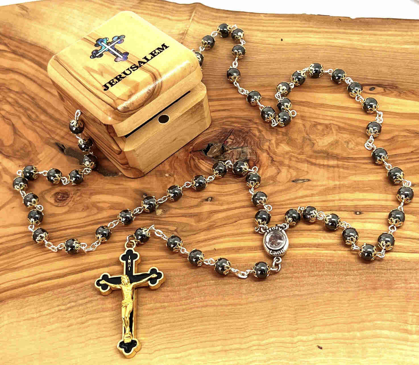 Rosary with Heavy Black Stones, Metal Chain and Gold Plated Corpus on Crucifix