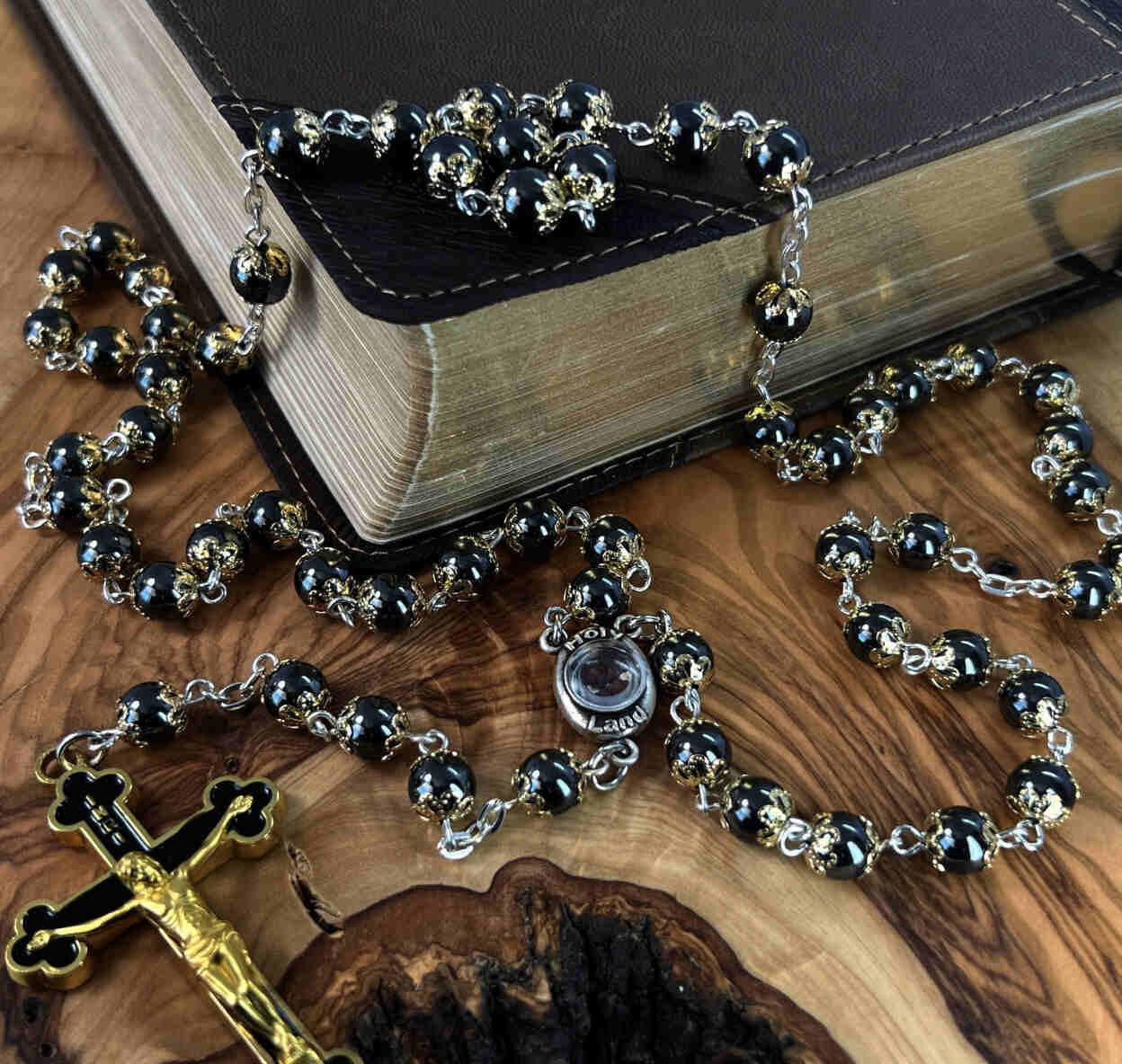 Rosary with Heavy Black Stones, Metal Chain and Gold Plated Corpus on Crucifix