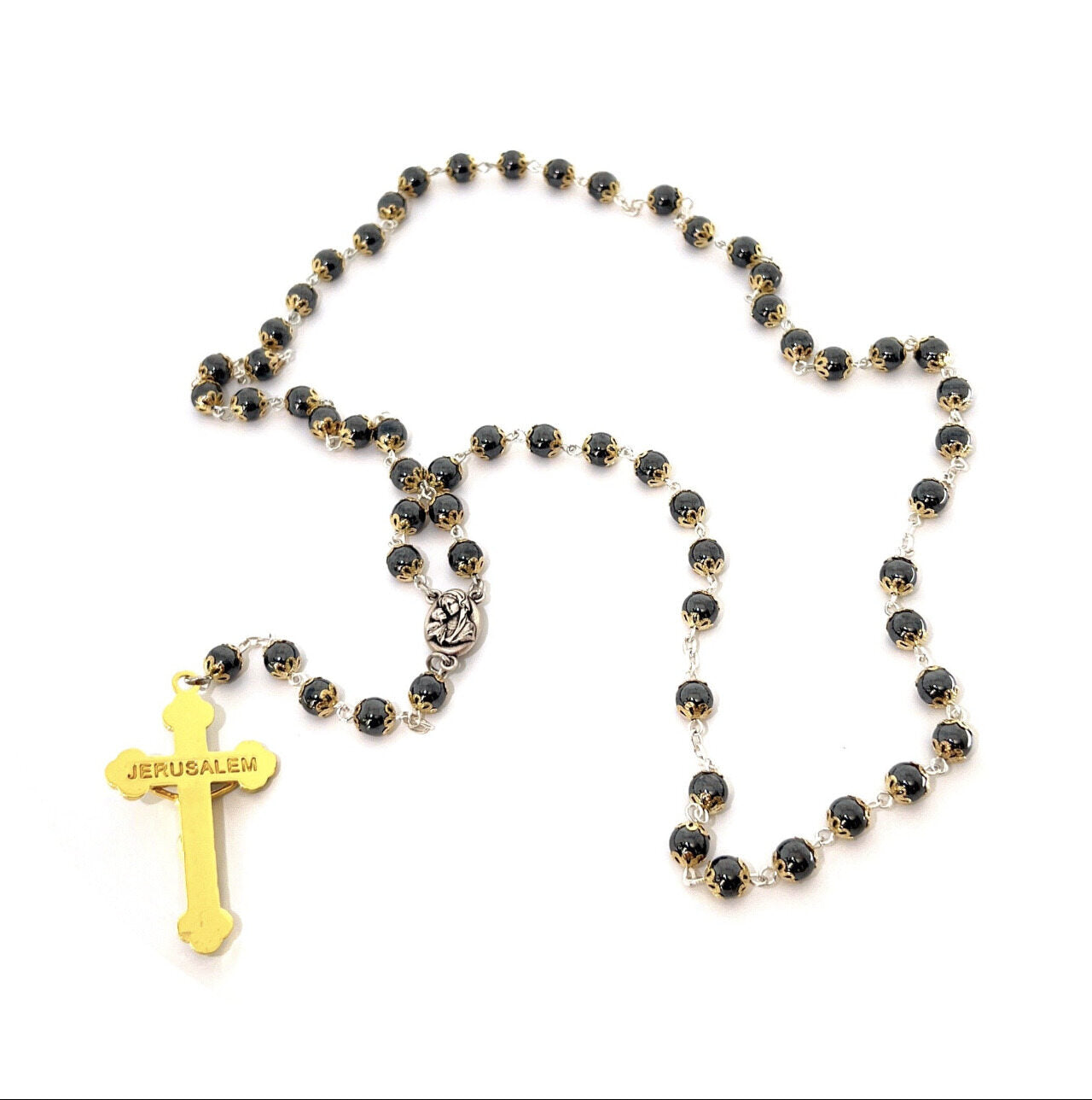 Rosary with Heavy Black Stones, Metal Chain and Gold Plated Corpus on Crucifix