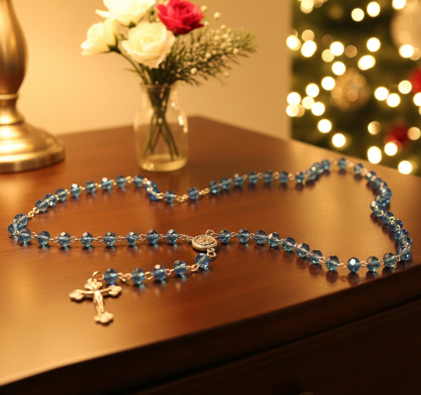 Blue Crystal Bead Rosary, Handmade with Holy Land Soil from