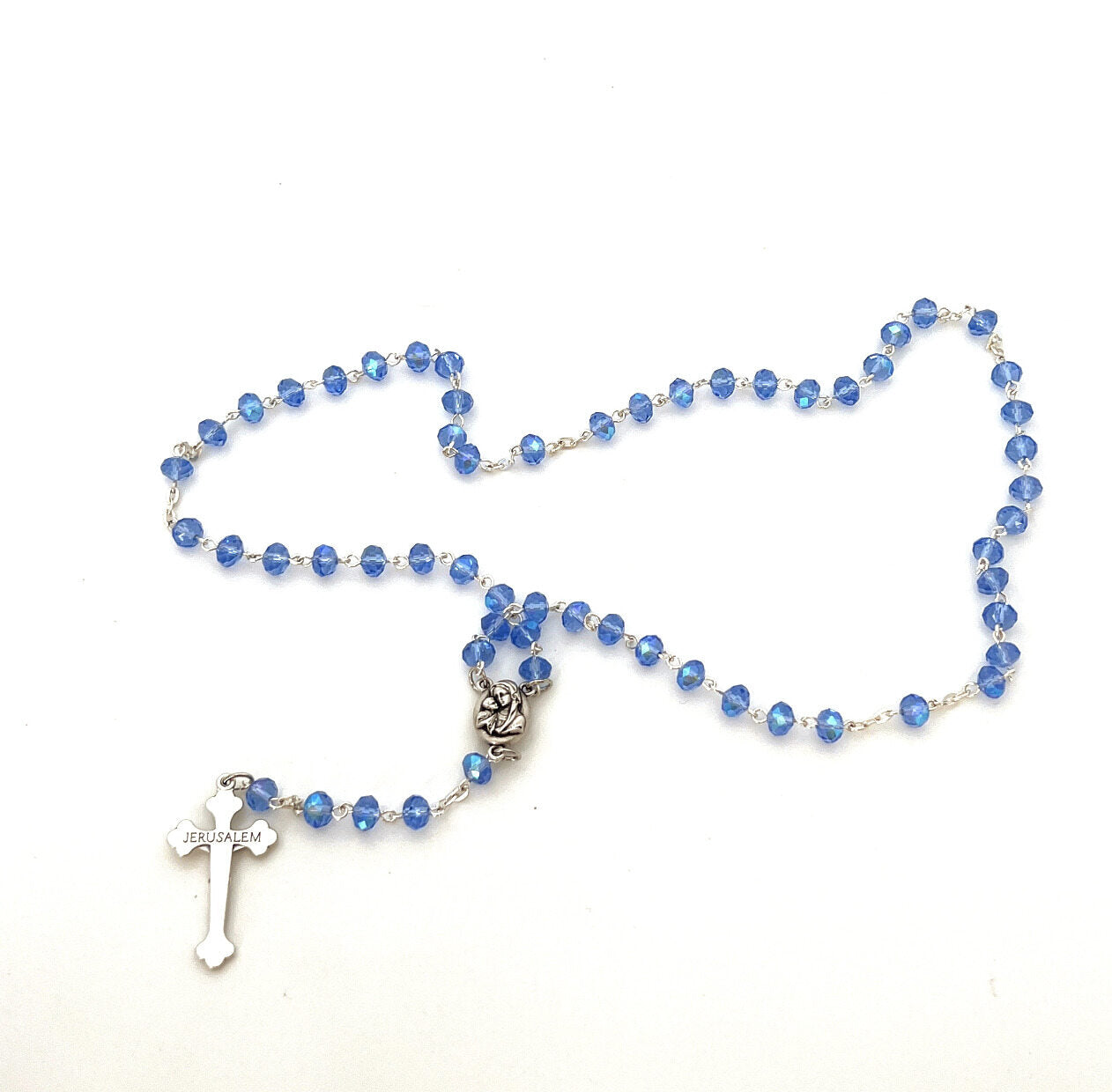 Rosary with Blue Crystal Beads, 2" Crucifix with Metal Chain, Made in Bethlehem
