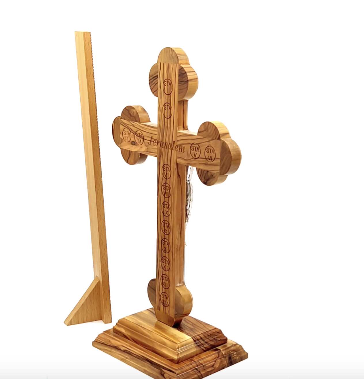 12" Standing Roman Budded Crucifix Wooden Cross , Handmade from Holy Land Olive (Large)