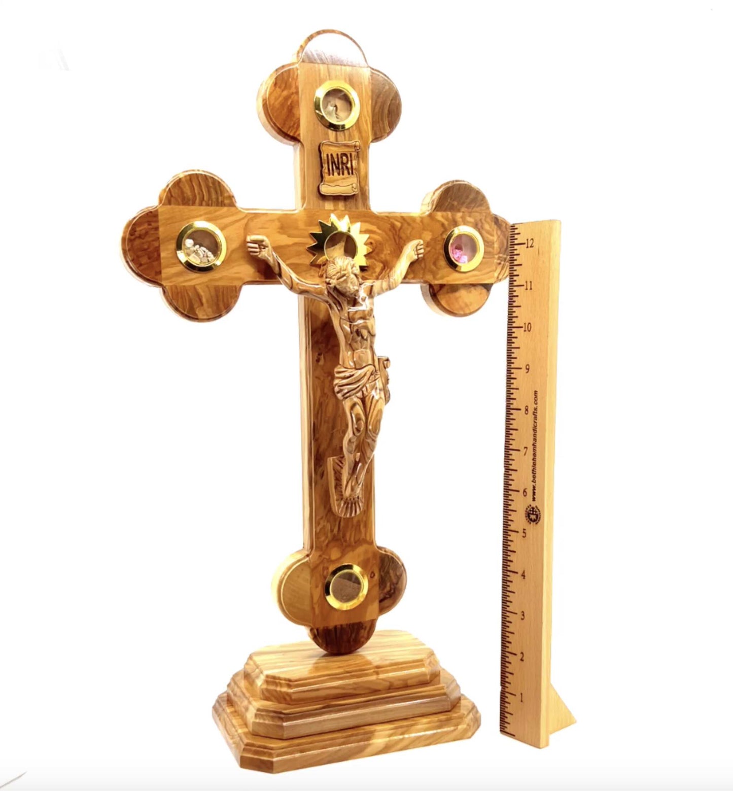 13.8" Standing Crucifix with 2.5" Base, Carved Corpus and 5 Holy Land Souvenirs