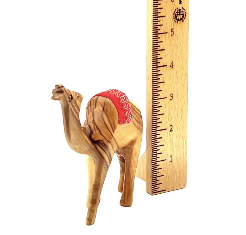 Carved Wood Camel with Red Saddle, Nativity Figurine 4.5"