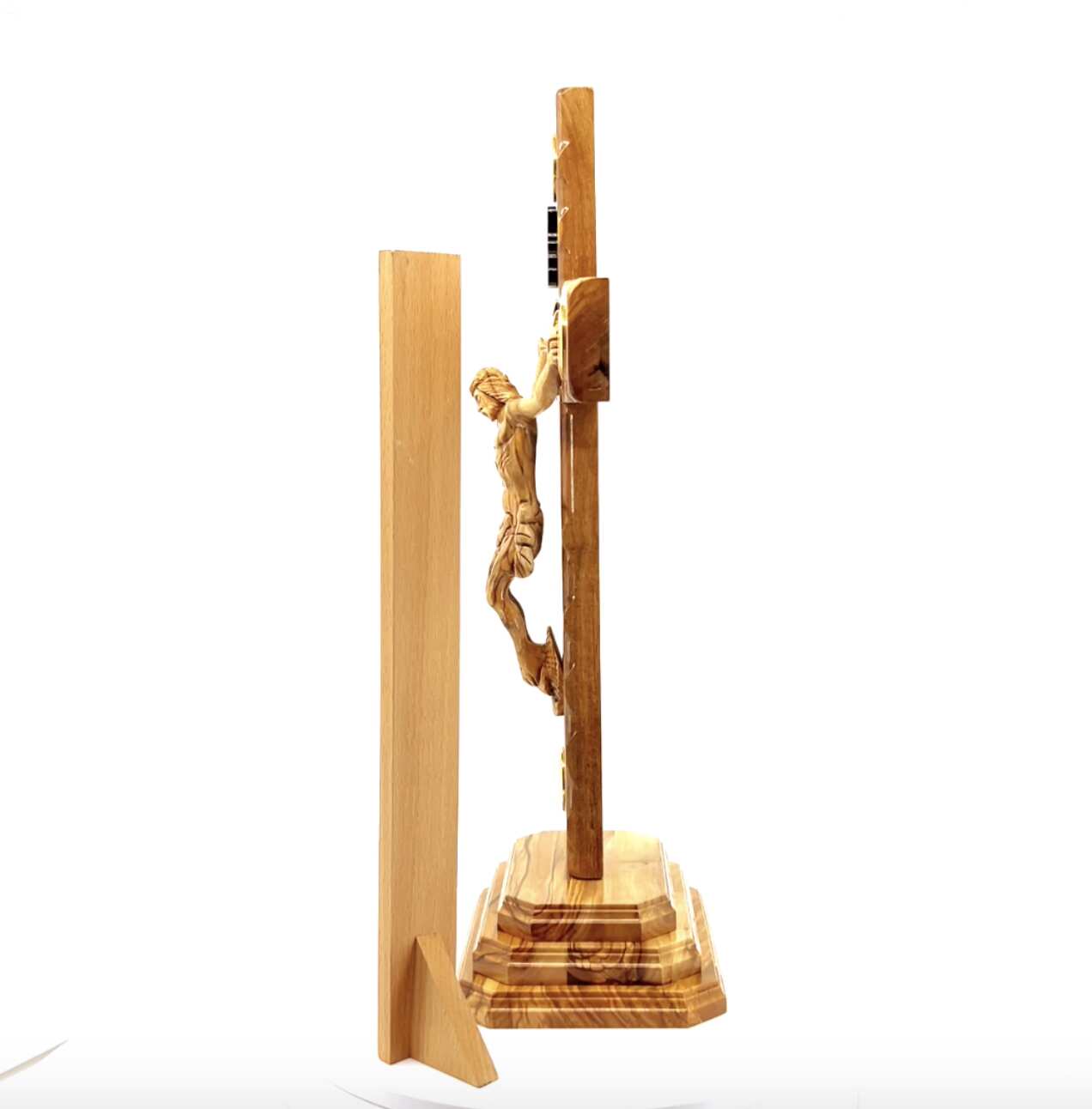 Standing Crucifix, 13.5" with 2.5" Base, Holy Land Olive Wood with 5 souvenirs