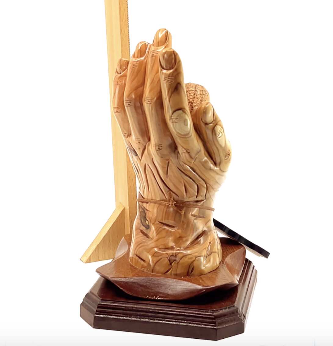 “Protected by the Hand of God” Sculpture 8.5" Tall, Made from Holy Land Olive Wood