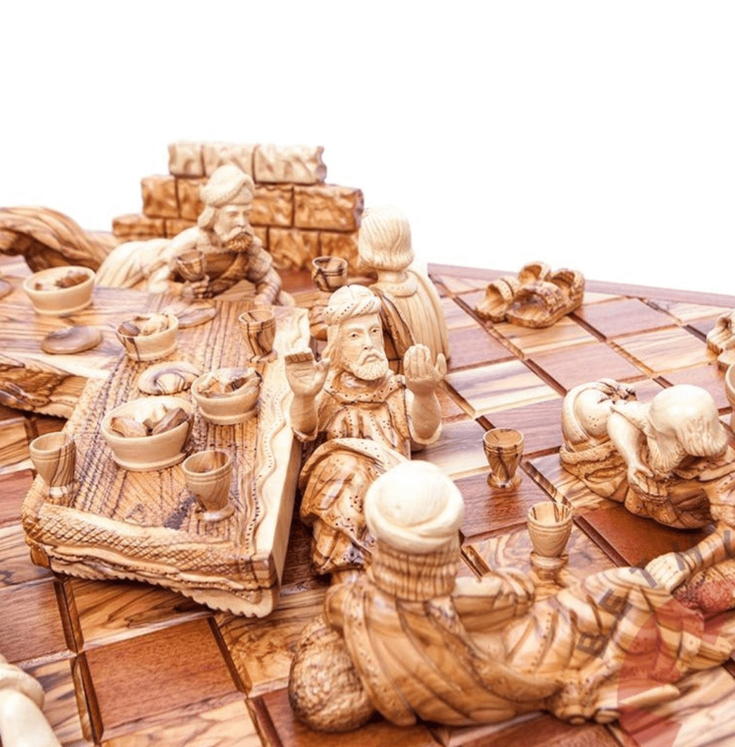 One of a Kind Last Supper Masterpiece Wood Carving, Sculptured from Olive Wood in the Holy Land, Unique Carved Image of Jesus Christ and his Disciples Celebrating the Passover Meal Feast