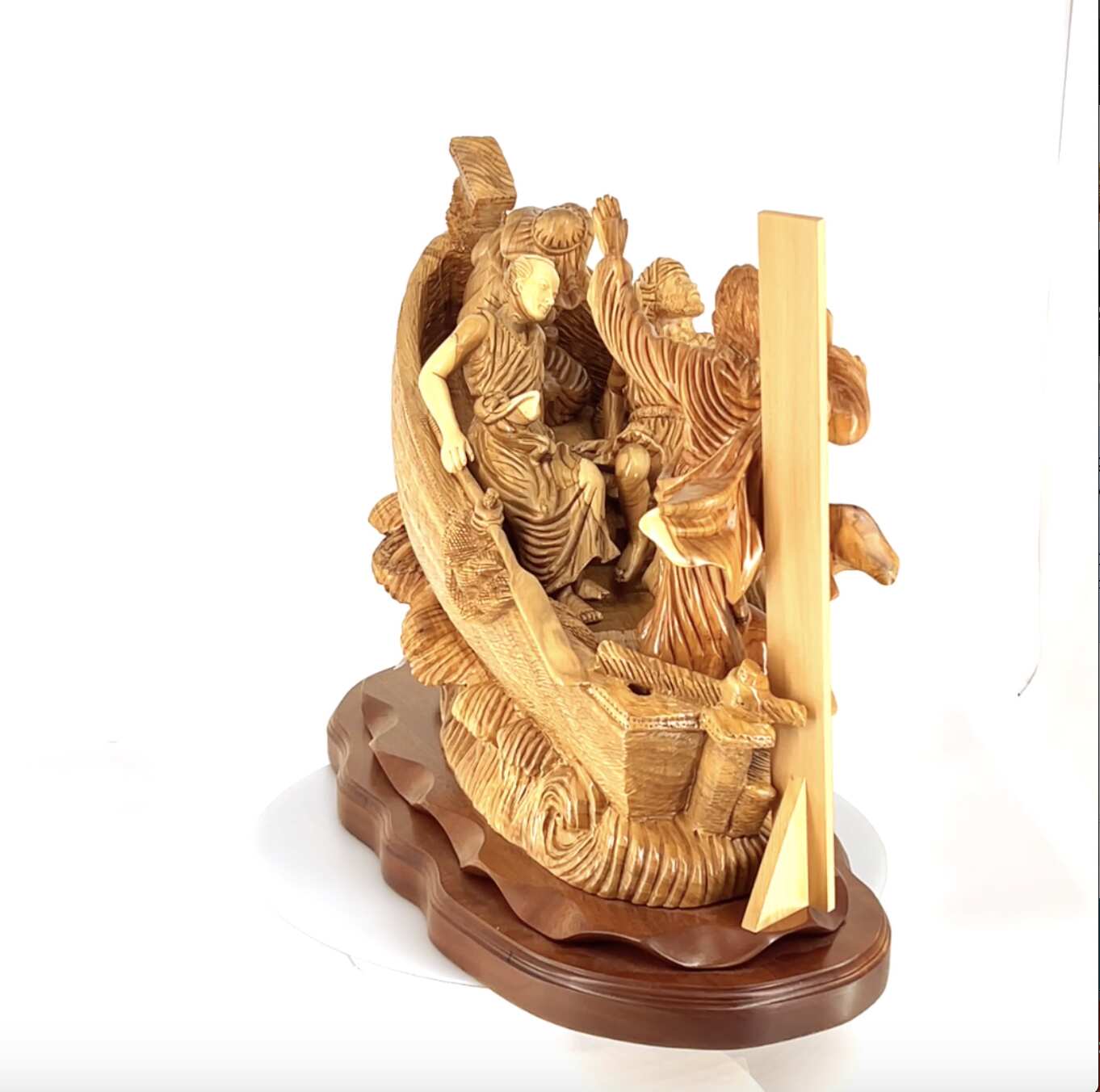 Jesus Christ "Calms The Storm" on Boat, 18.5" Tall, Very Large Masterpiece Wooden Carving