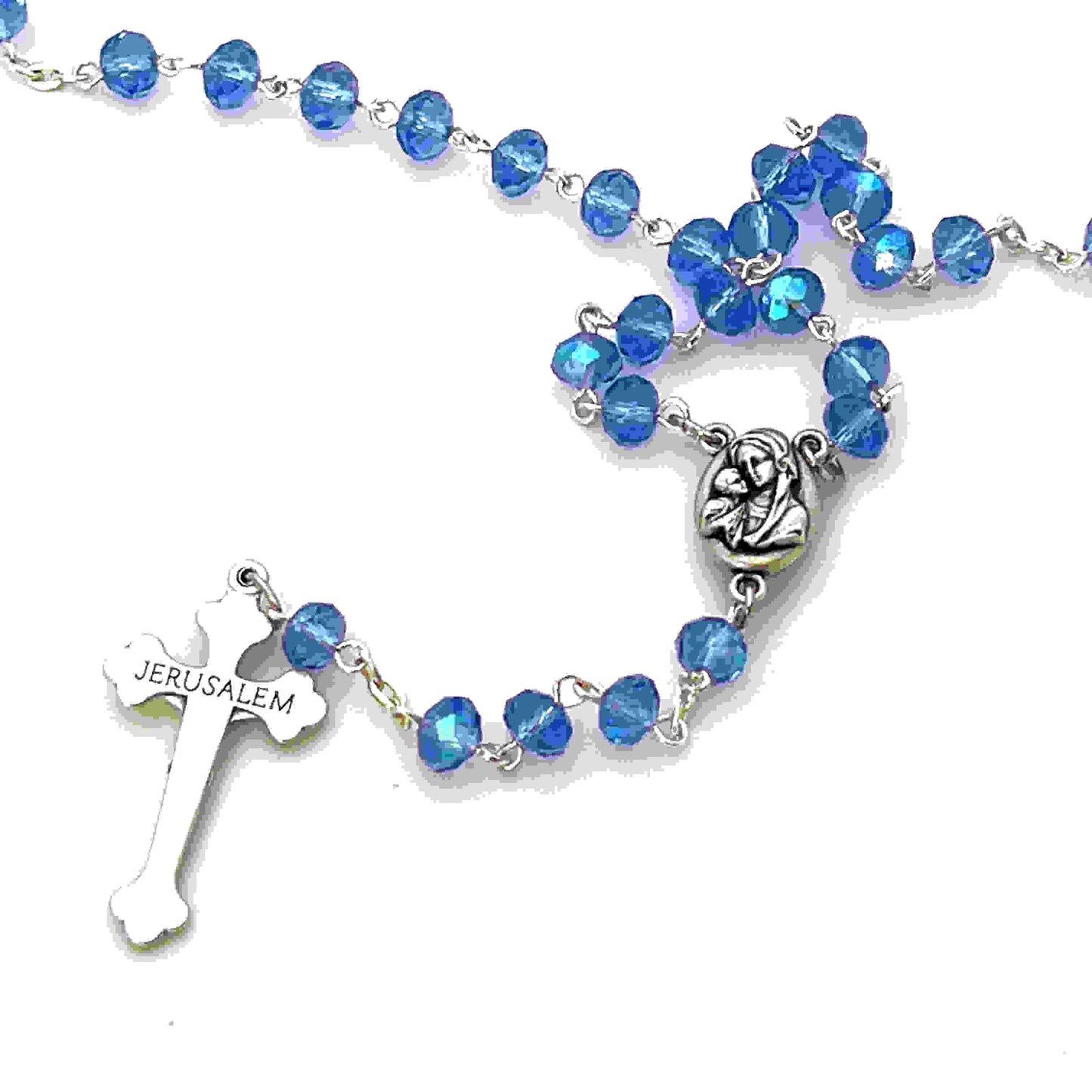 Rosary with Blue Crystal Beads, 2" Crucifix with Metal Chain, Made in Bethlehem