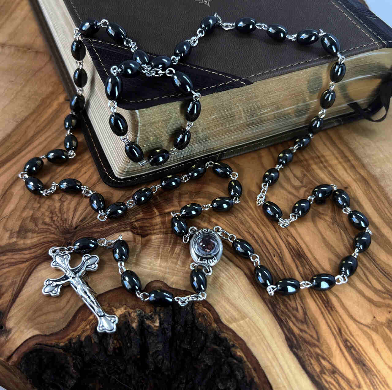 Rosary with Black Oval Stone Beads, Made in Bethlehem