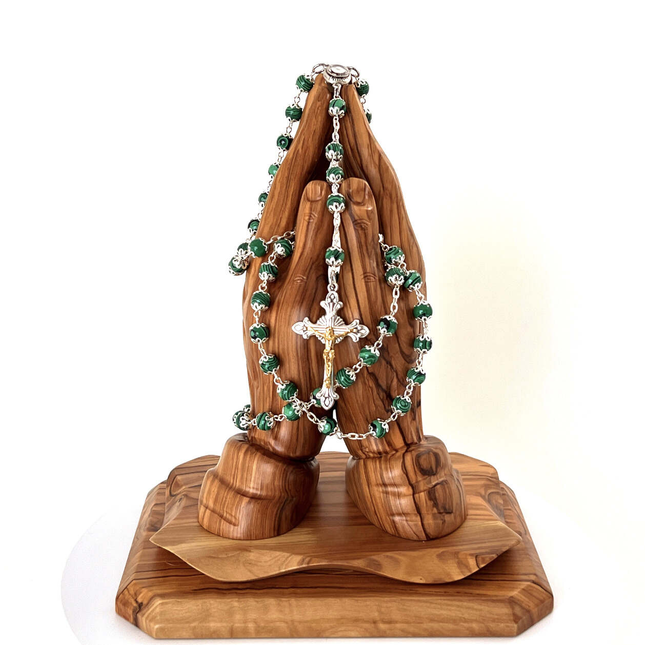 Rosary with Green Stone Beads, Heavy Coral Prayer Beads with 2" Crucifix