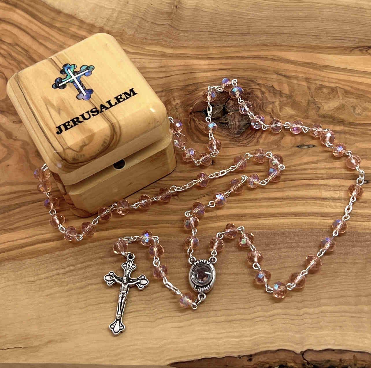 Rosary, Pink Crystal Beads, 18.5", Metal Chain, Bethlehem Handmade