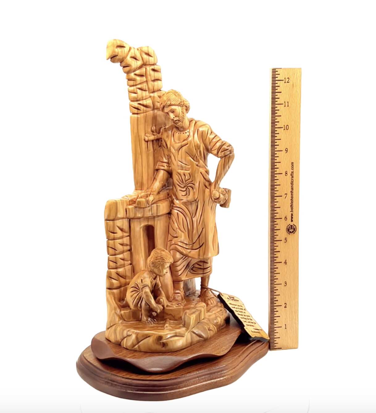 St. Joseph "The Carpenter with Jesus Playing" Sculpture, 14.2" Holy Land Olive Wood Carving