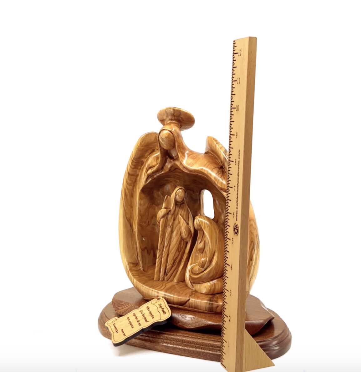 Holy Family with Angel Nativity, 10.2" Carved Abstract Olive Wood Statue from Holy Land